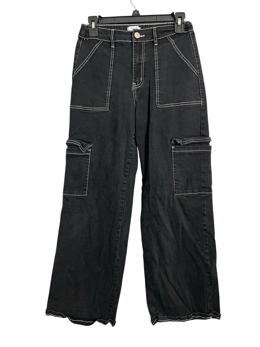 Forever 21 Wide Leg Cargo Jeans Juniors Medium Black High Rise Stretch Denim